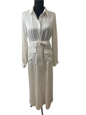 Modest Minimalist Pinch Ivory Satin Long Sleeve Belted Shirt Midi Dress Capsule